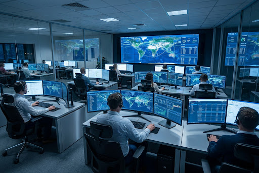 Sala de despacho con múltiples pantallas monitoreando operaciones logísticas