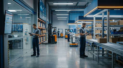 Equipo de bodega usando dispositivos digitales dentro de una operación logística moderna